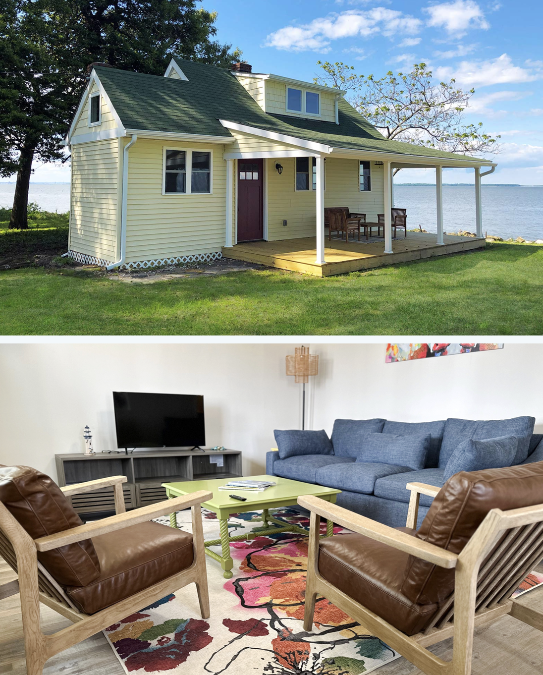 Cottage on waterfront: yellow exterior, green roof, porch. Interior living room: blue sofa, leather chairs, colorful rug.