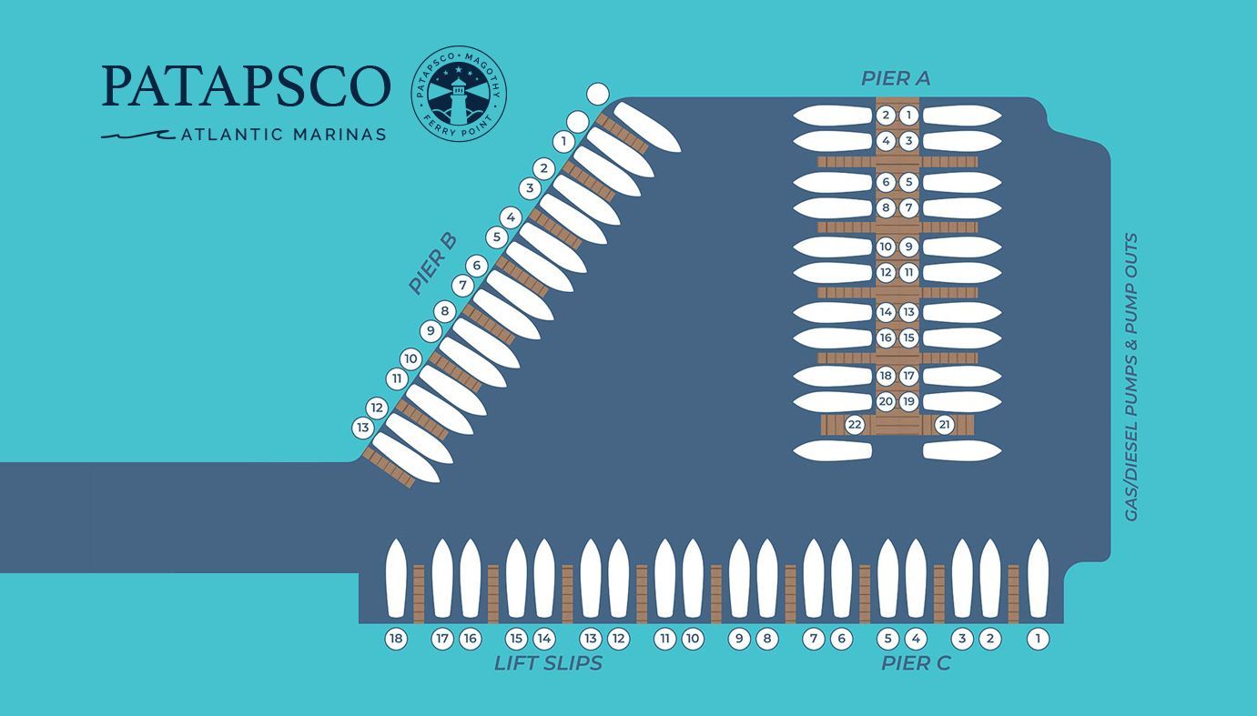 Diagram of Patapsco Yacht Club showing boat slips and docks.