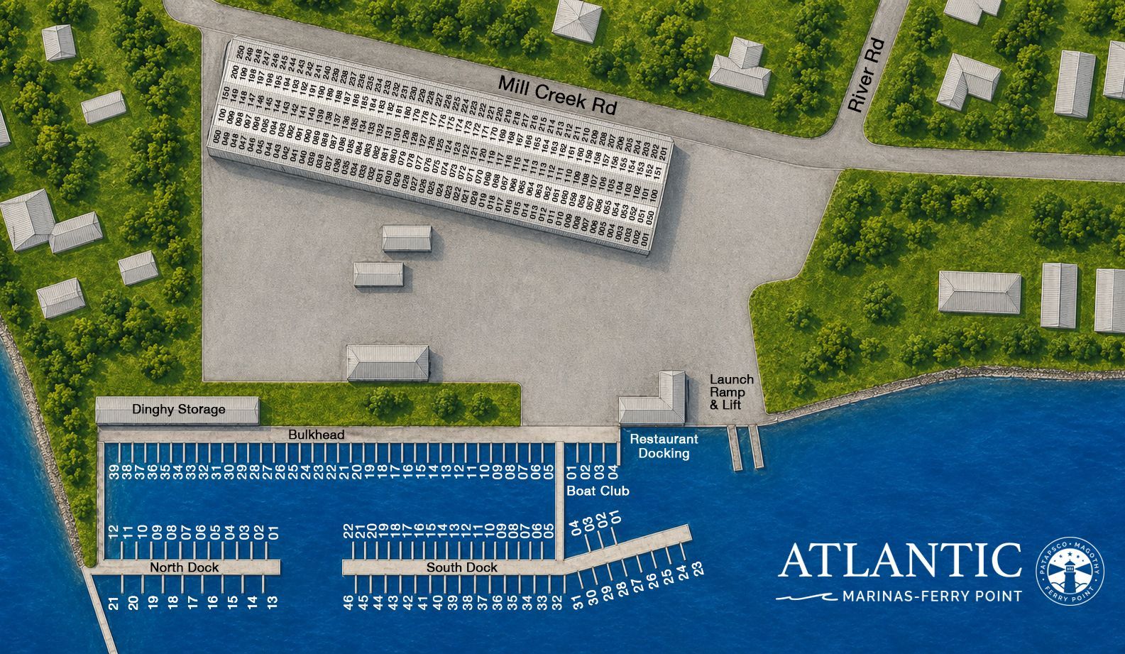 Marina layout map with docks labeled, over blue water.