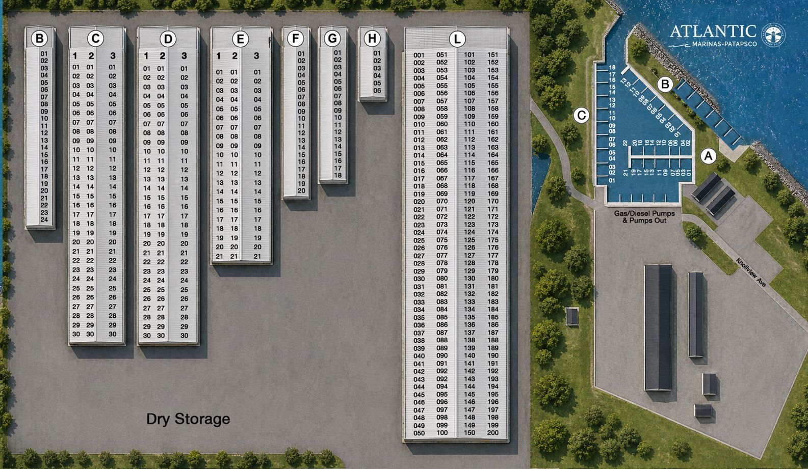 A boat dock layout with multiple boats in various slip configurations, with a blue background.