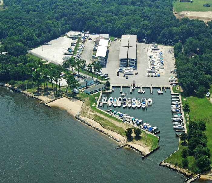 Aerial view of a marina with docks, boats, buildings, and a shoreline, surrounded by trees.