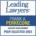 Leading Lawyers badge: Frank A. Perrecone, Advisory Board Member, Peer Selected 2023. Blue and white.