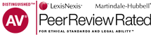 'AV' in a red circle; 'Peer Review Rated' logo by LexisNexis and Martindale-Hubbell.