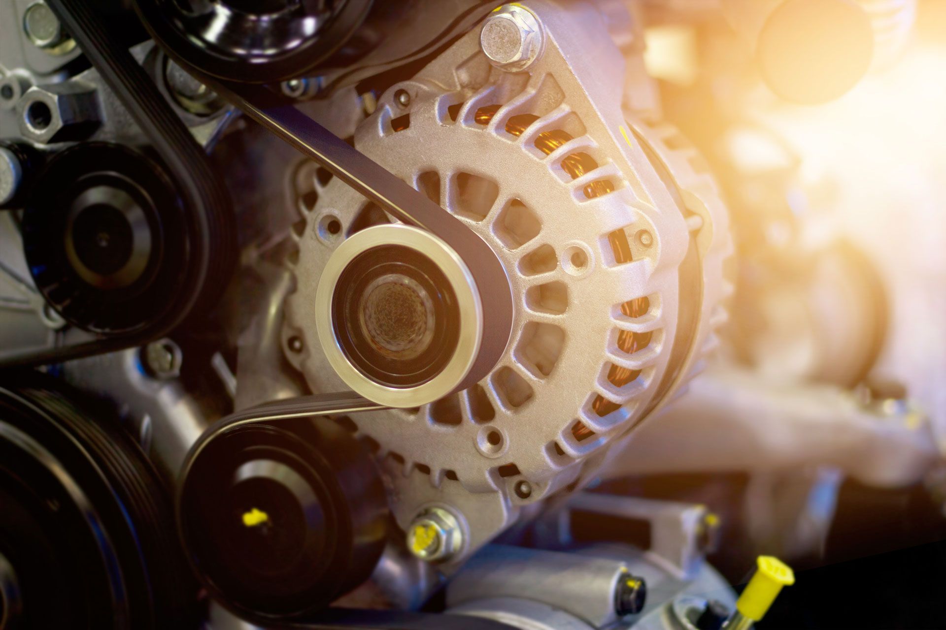 Alternator with belt in a vehicle engine, with a yellow light source. Alternator with belt in a vehicle engine, with a yellow light source.