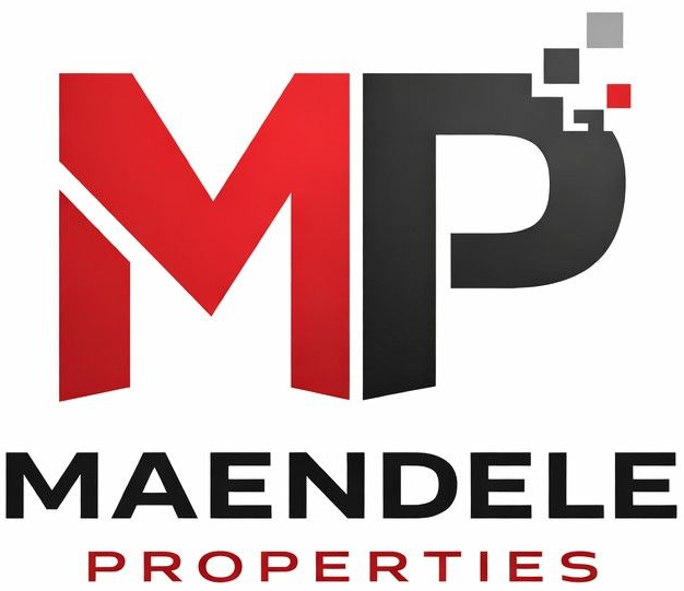 Red and black "MP" logo with digital pixel effect, "Maendele Properties" text below.
