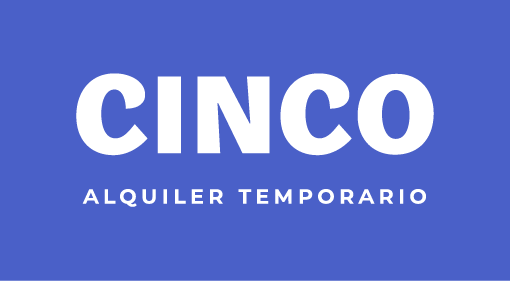 Logotipo con “CINCO” en letras blancas en negrita, debajo del cual se lee “ALQUILER TEMPORARIO” en texto blanco más pequeño, sobre fondo azul.