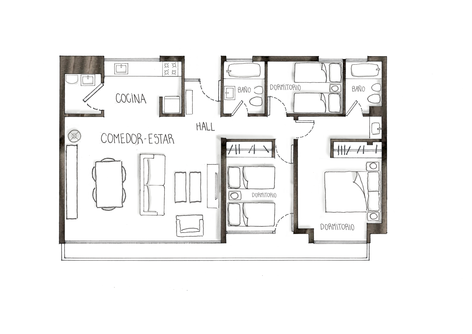 Plano de un condominio con sala-comedor, cocina, dos dormitorios y dos baños.