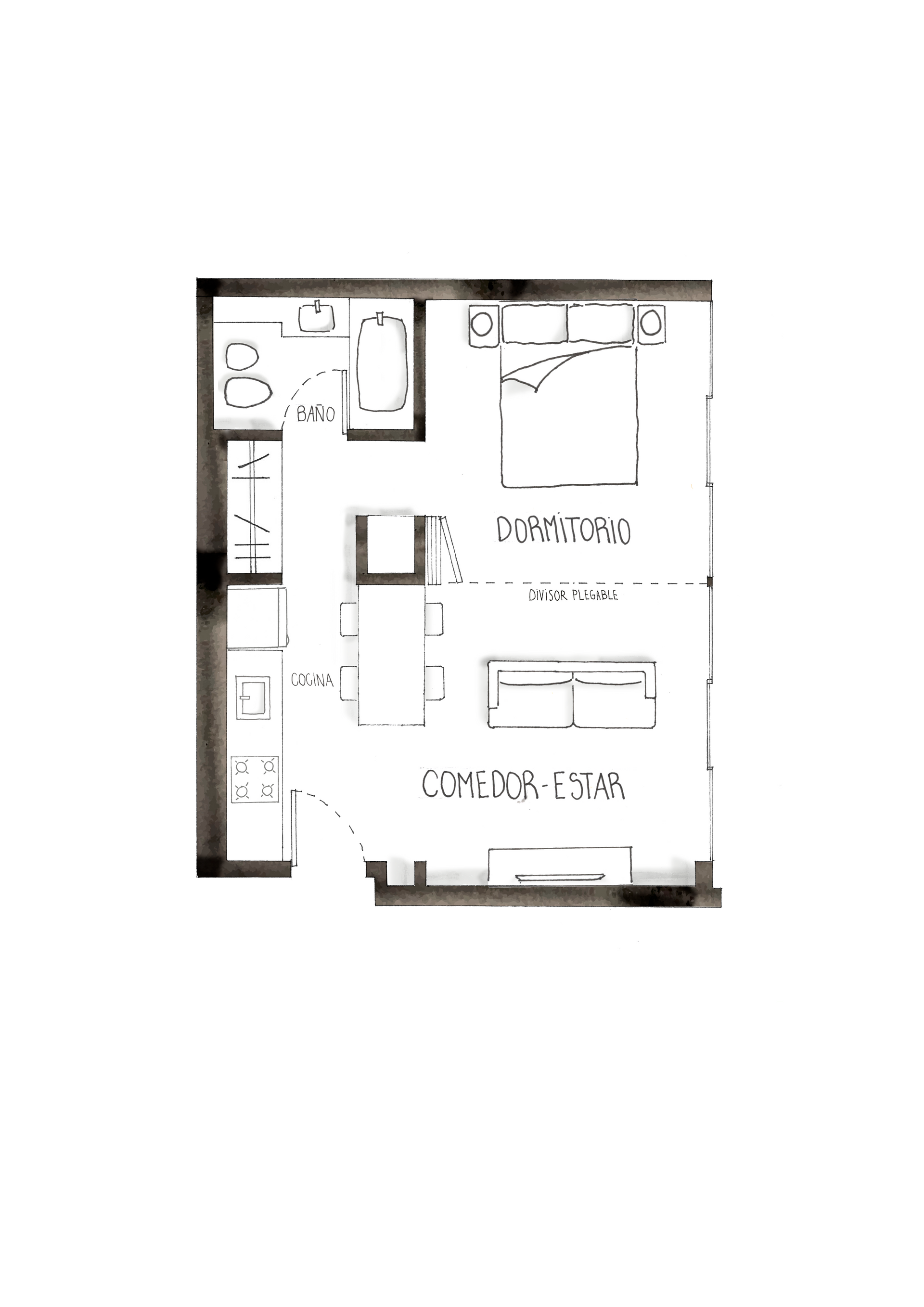 Plano de un pequeño apartamento con un dormitorio, sala de estar, cocina y baño.