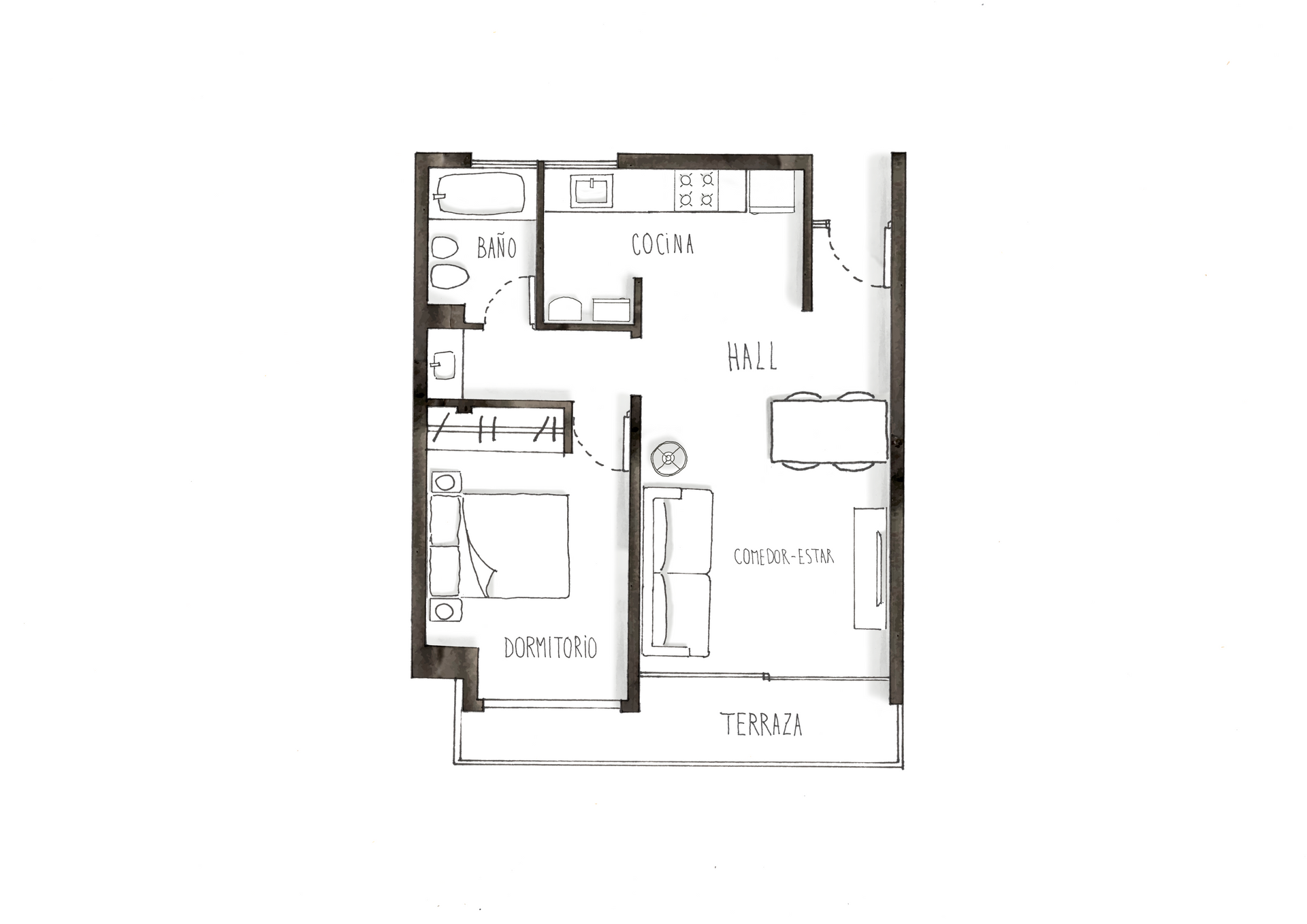 Planta baja: Distribución de apartamento tipo estudio con dormitorio, sala de estar, cocina y baño.