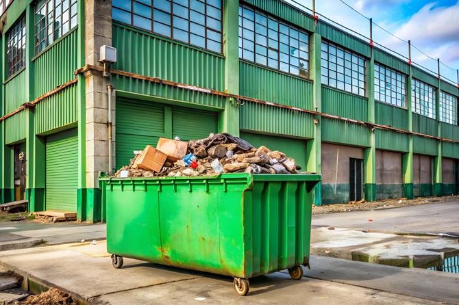 Green dumpster overflowing with trash outside an industrial warehouse