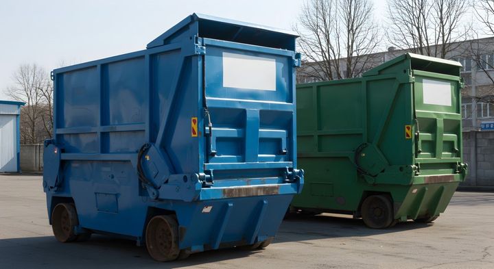 Two large blue and green garbage trucks parked side by side in a lot