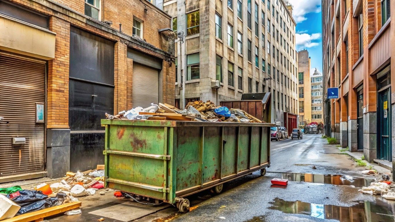 Green dumpster in a narrow wet alley between brick buildings, with scattered trash and puddles.