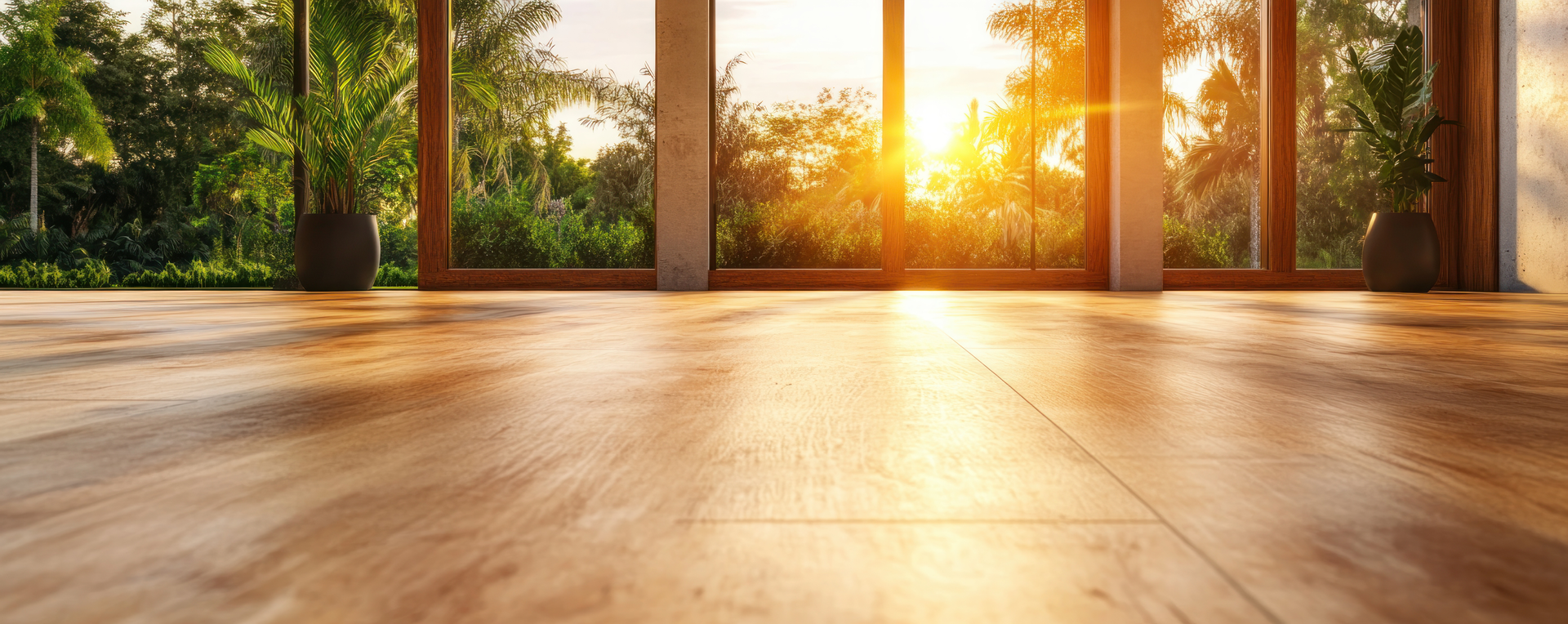 Sunlight highlights wide-plank warm wood flooring installed by Red Bluff Interiors in Red Bluff