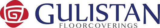 Logo for Gulistan Floorcoverings with a red floral design on the left and blue text on a white background.