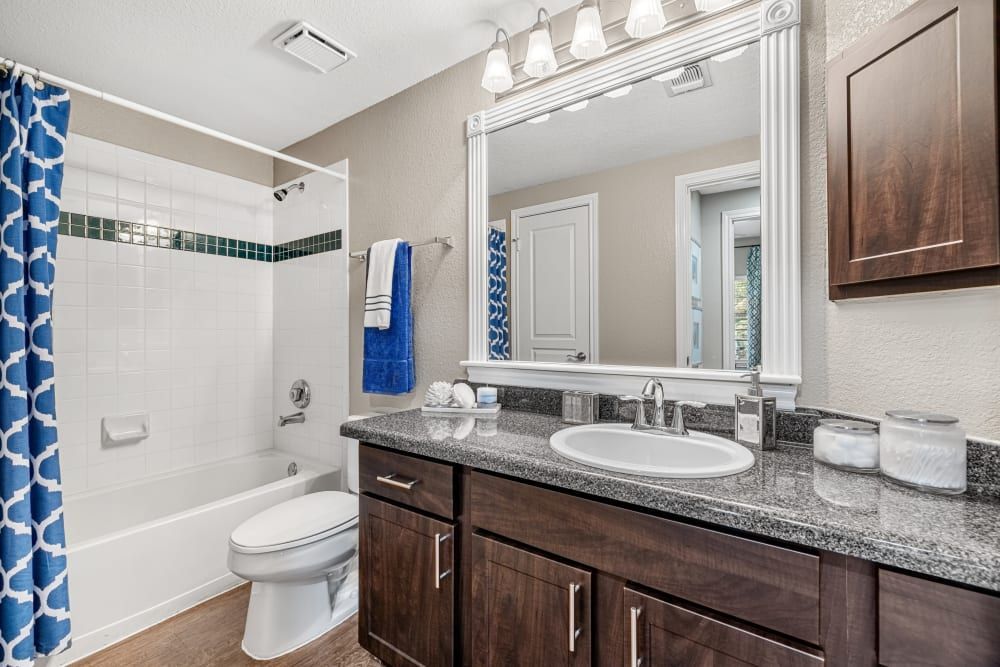 a bathroom with a sink, toilet, tub, and mirror at Marquis at Deerfield in San Antonio, TX.