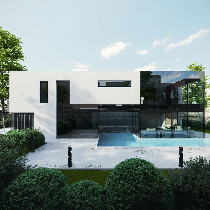 Modern white and glass house with a backyard pool, dark balconies, and lush green landscaping