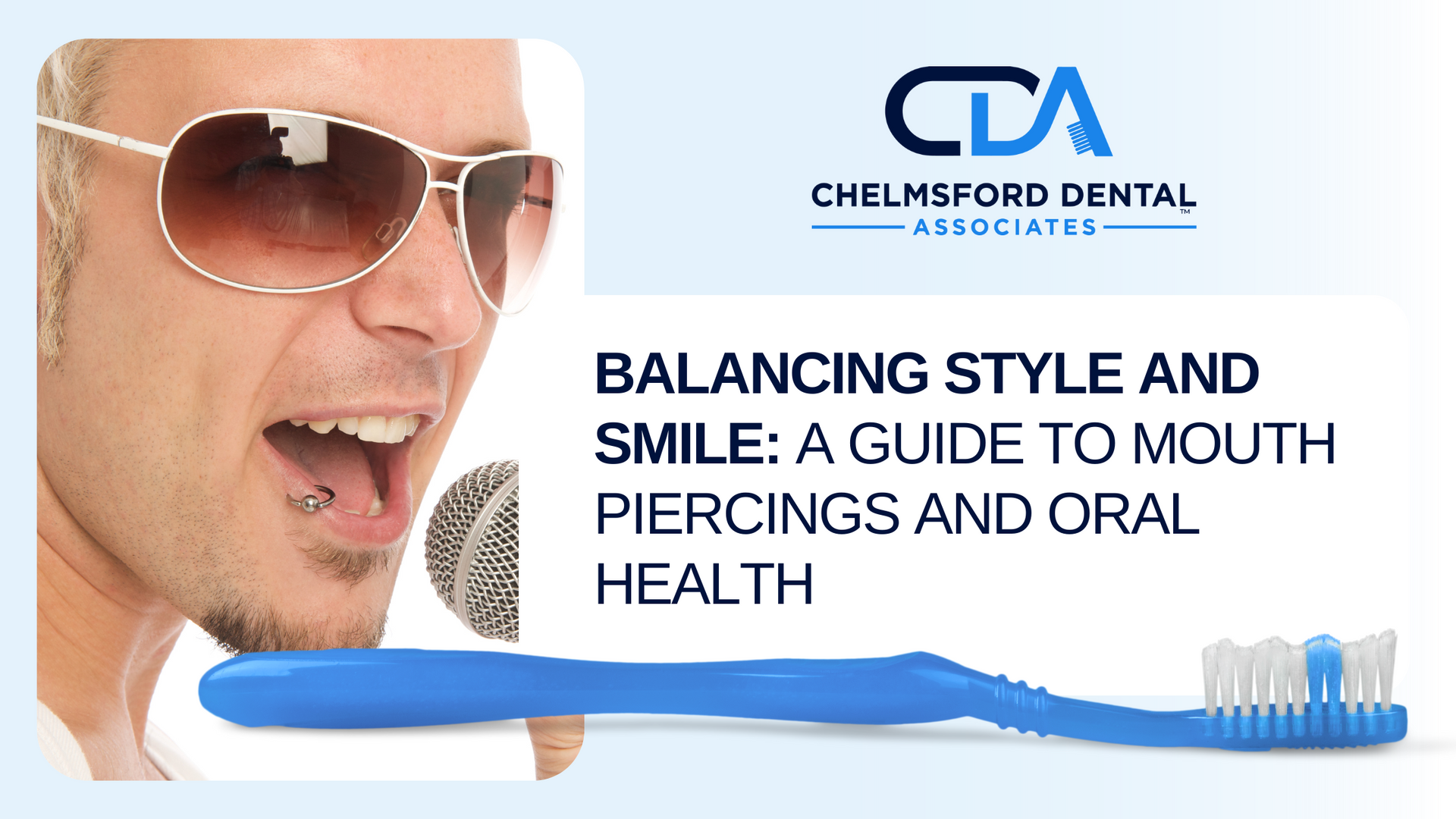 A man with a tongue piercing and a blue toothbrush