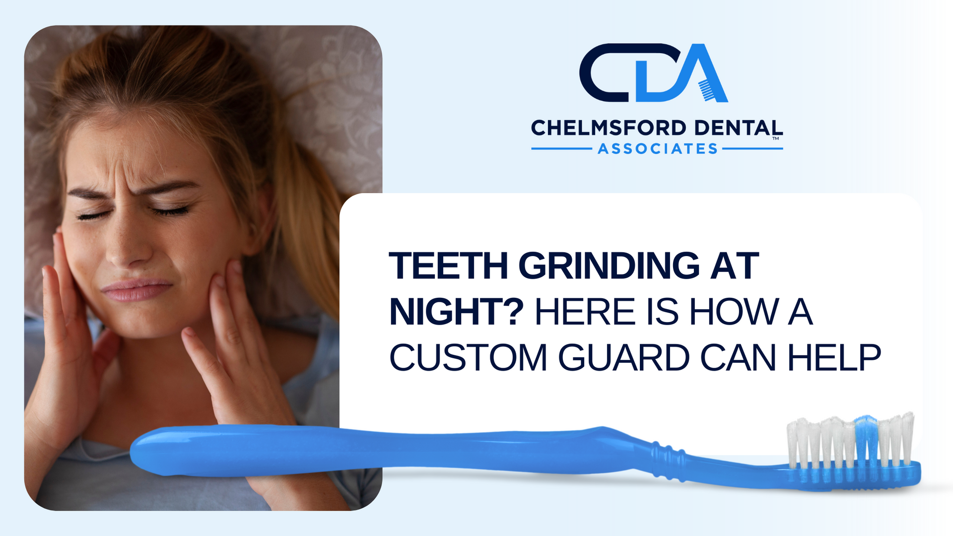 A woman is grinding her teeth at night while holding a blue toothbrush.