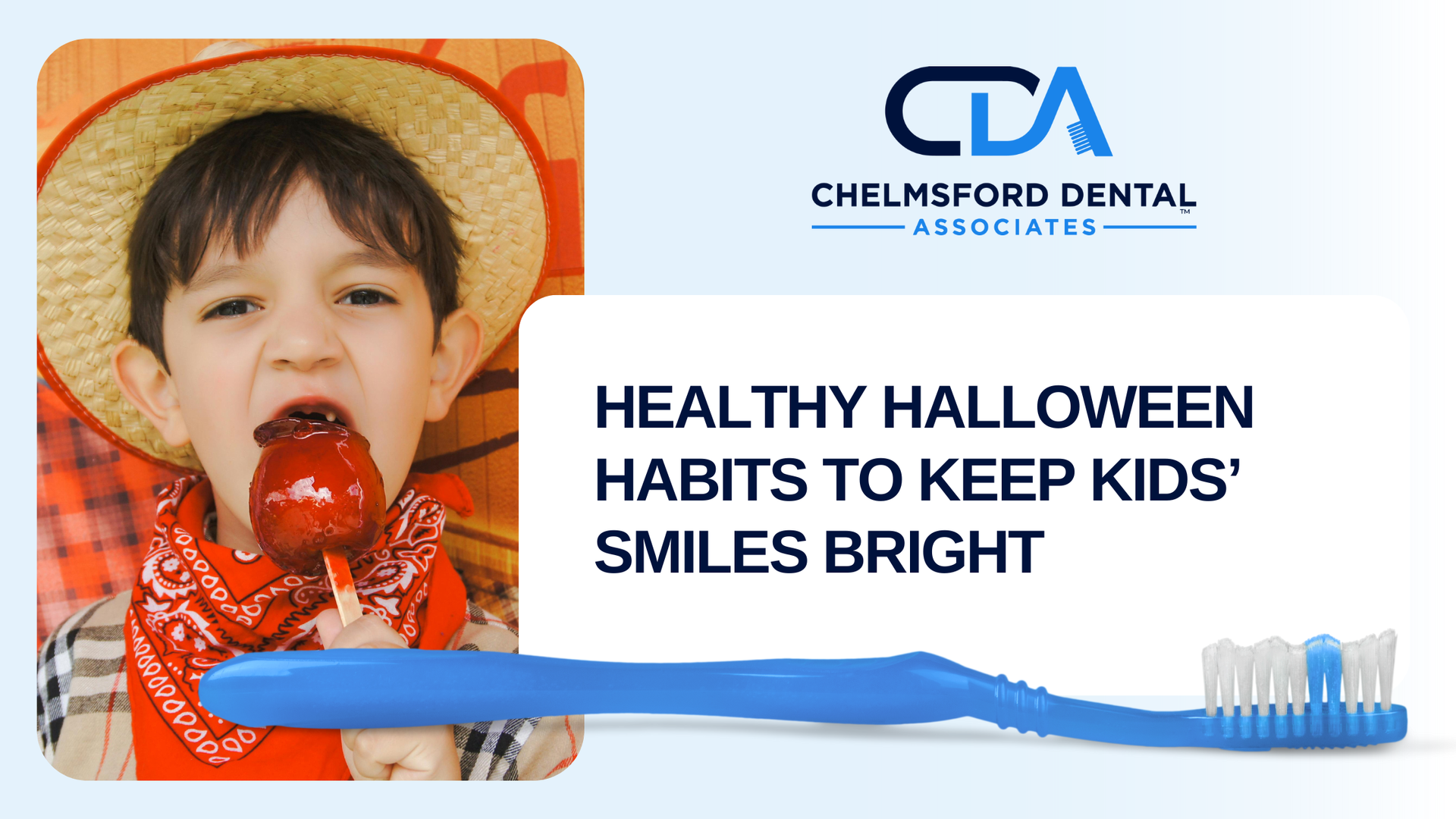 Boy eating candy apple, Chelmsford Dental Associates ad: 