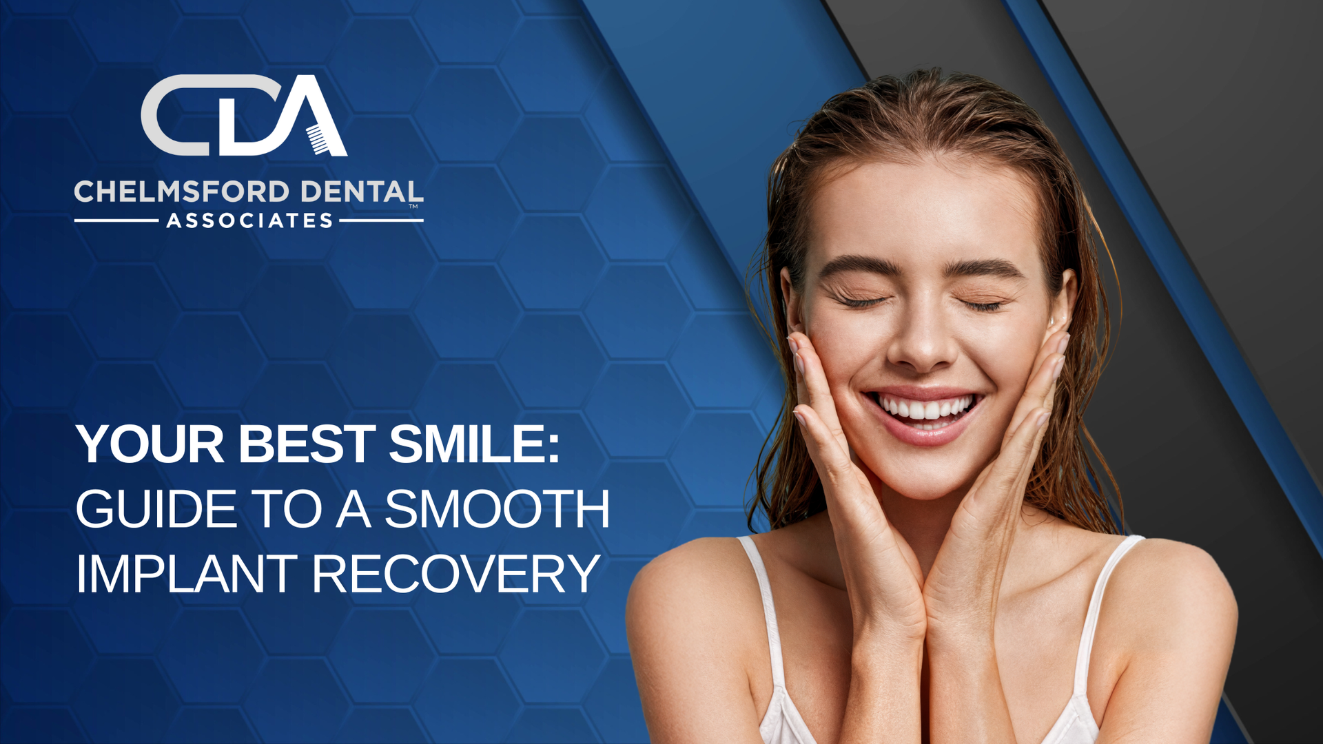 Woman with hands on cheeks smiles. Text: