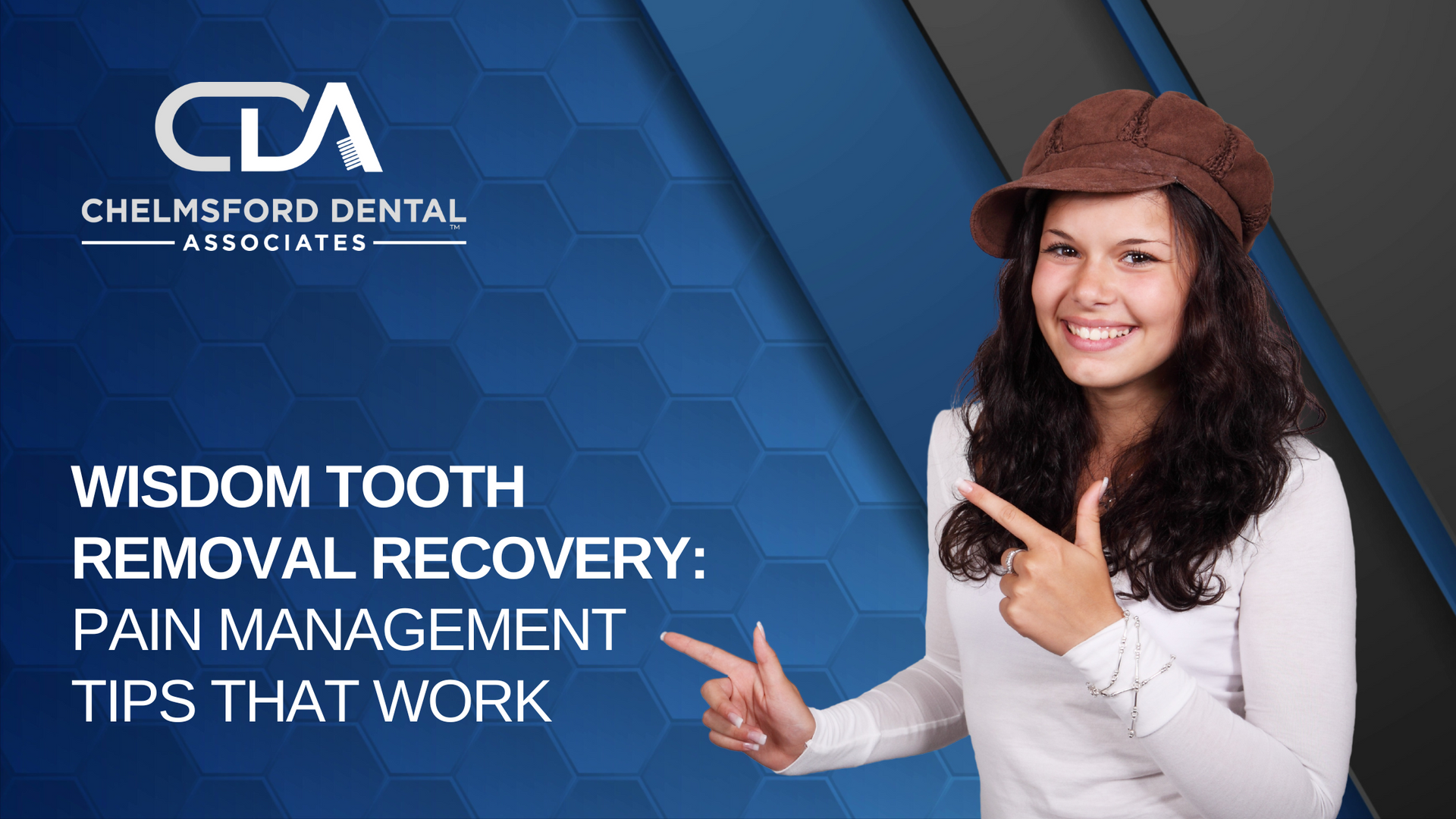 A woman is pointing at her wisdom tooth removal recovery pain management tips that work.