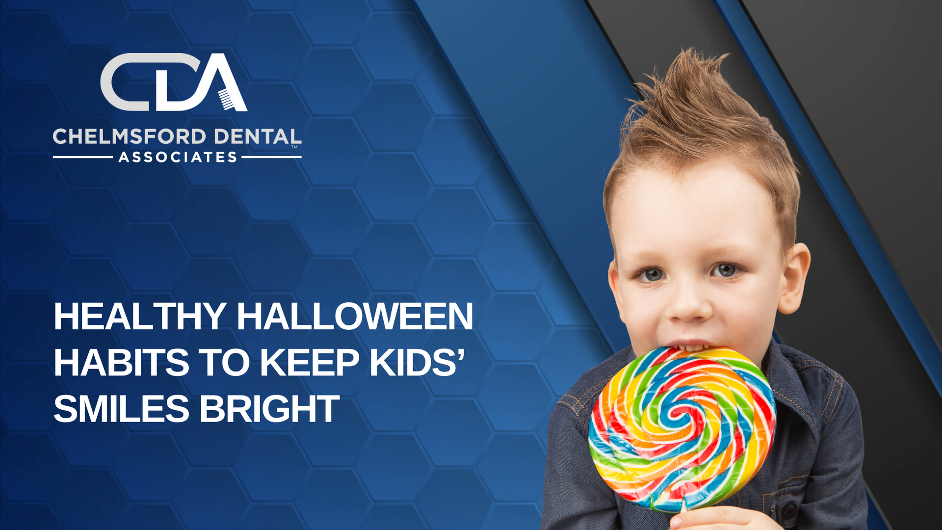 Boy eating lollipop; dental health ad with text: