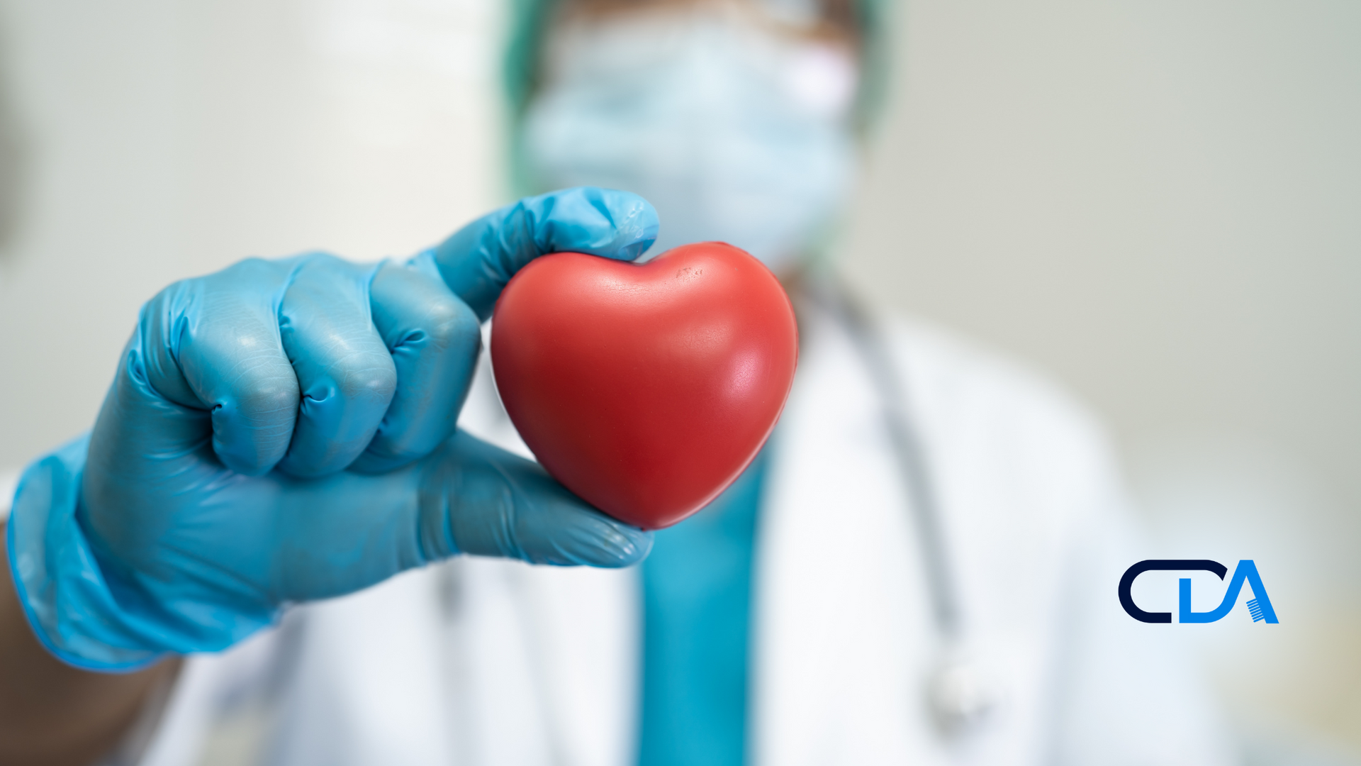 A doctor wearing a mask and gloves is holding a red heart.