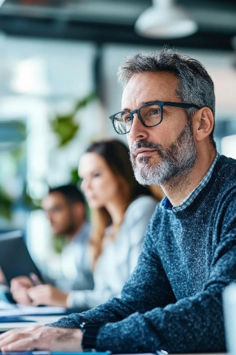 A focused man with gray hair and glasses sits in an office setting, with two colleagues working in the blurred background.
