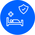 Blue circular icon with a white line drawing of a person in a hospital bed with a plus sign and a shield with a checkmark.