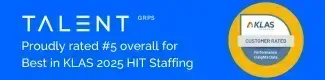 Talent GRPS rated #5 for Best in KLAS 2025 HIT Staffing, featuring a blue background and a KLAS award seal.