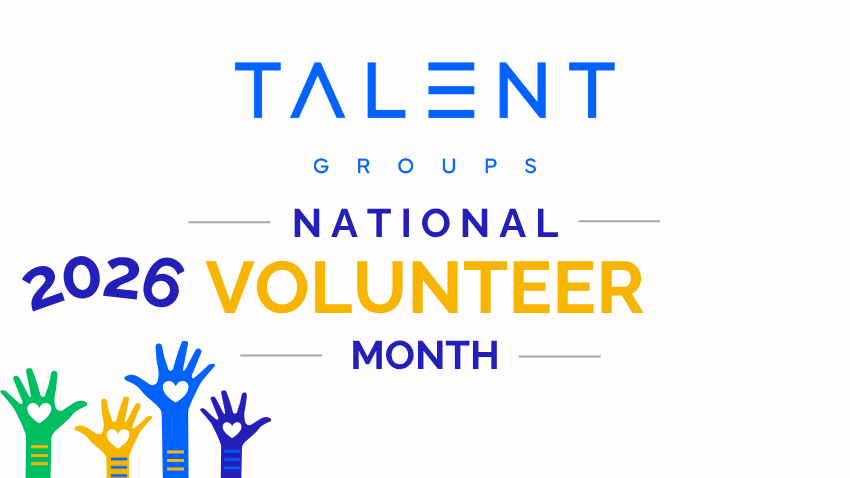 Talent Groups National Volunteer Month 2026 graphic with colorful raised hands and blue-yellow text