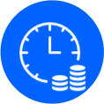 A white line icon of a clock and two stacks of coins on a solid blue circular background.