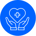 A blue circle icon featuring white outline hands cupping a heart with a medical cross in the center.
