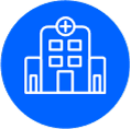 A white line-art icon of a hospital building with a cross symbol centered in a blue circle.