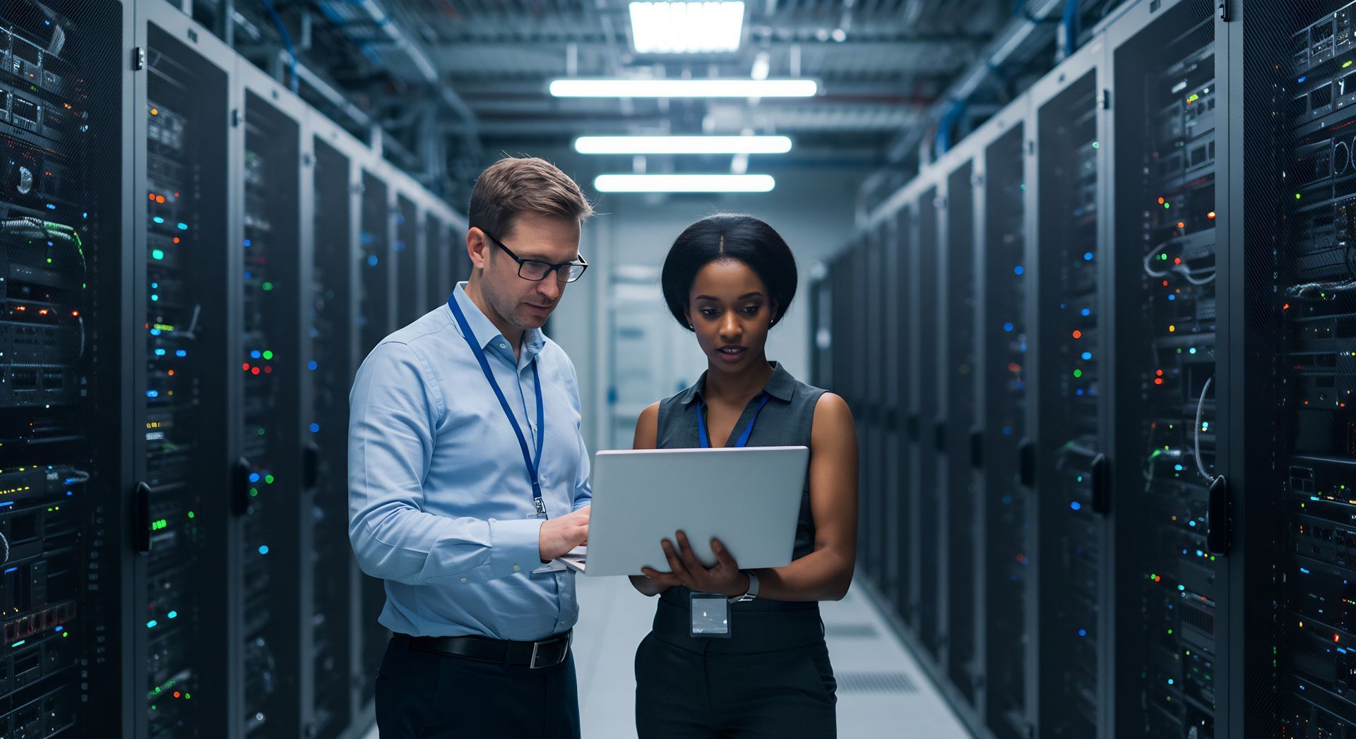 Two people with a laptop in a data center, surrounded by server racks.