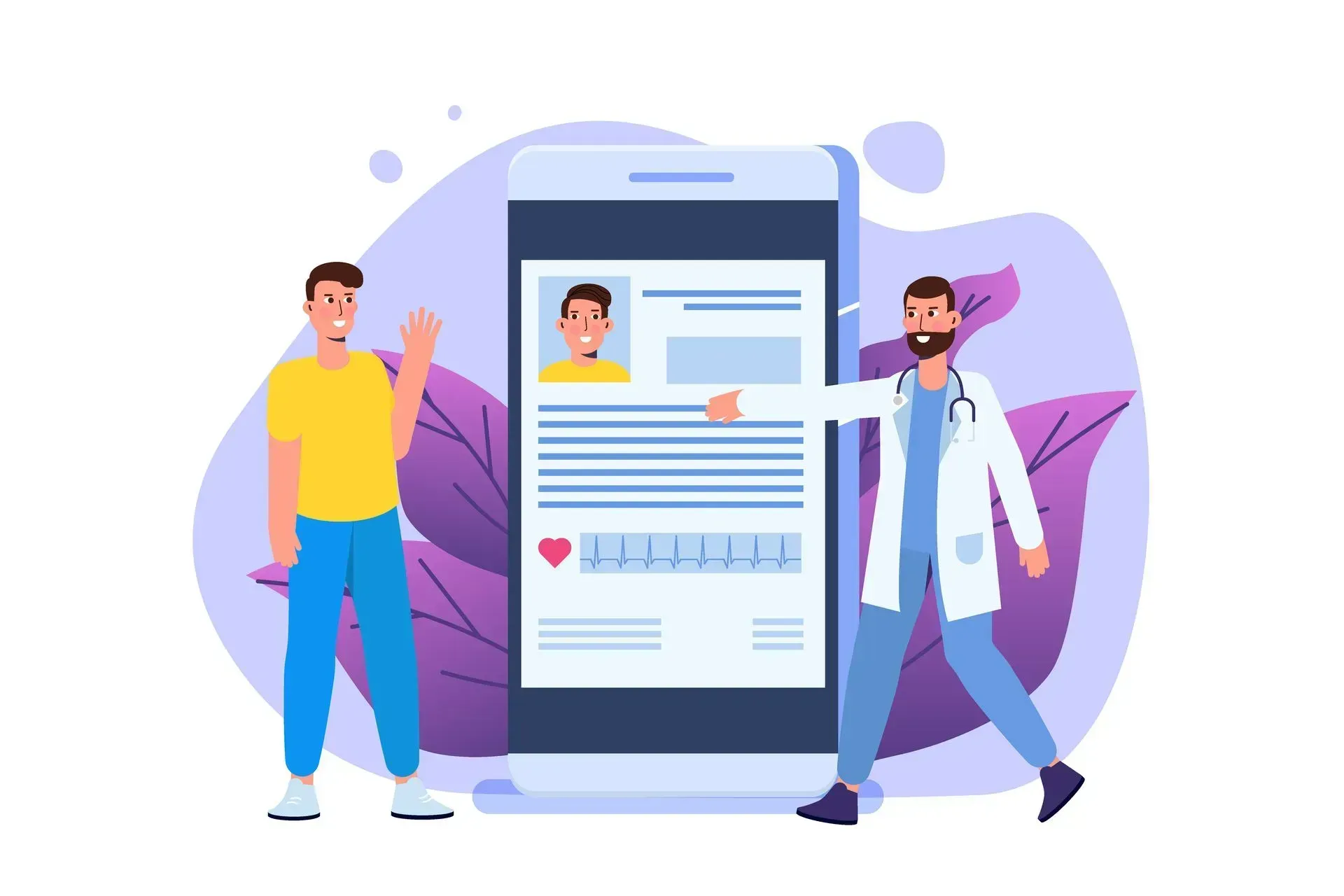 Patient and doctor consult health records on a large smartphone screen, purple background.