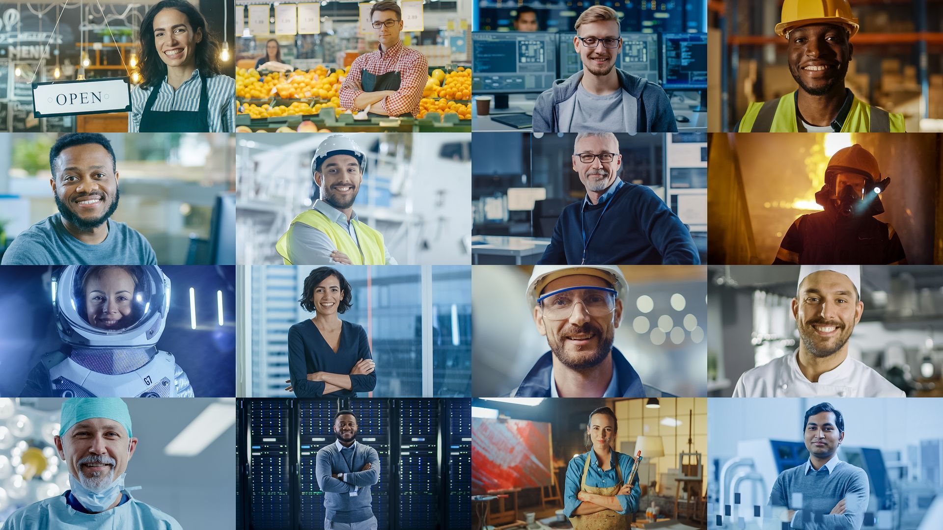 A grid of diverse professionals in various workplace settings, including construction, science, technology, and service.