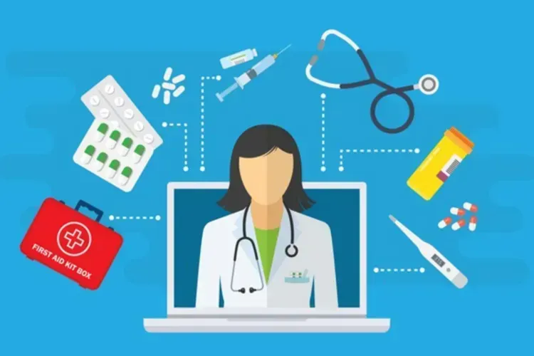 Illustration of a doctor in a laptop screen with medical supplies, suggesting telehealth services.