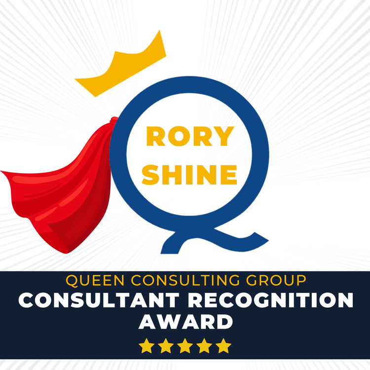 Queen Consulting Group award graphic featuring a stylized letter Q with a crown and red cape, text 