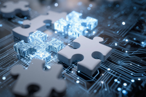 Puzzle pieces with a glowing, digital circuit board background.