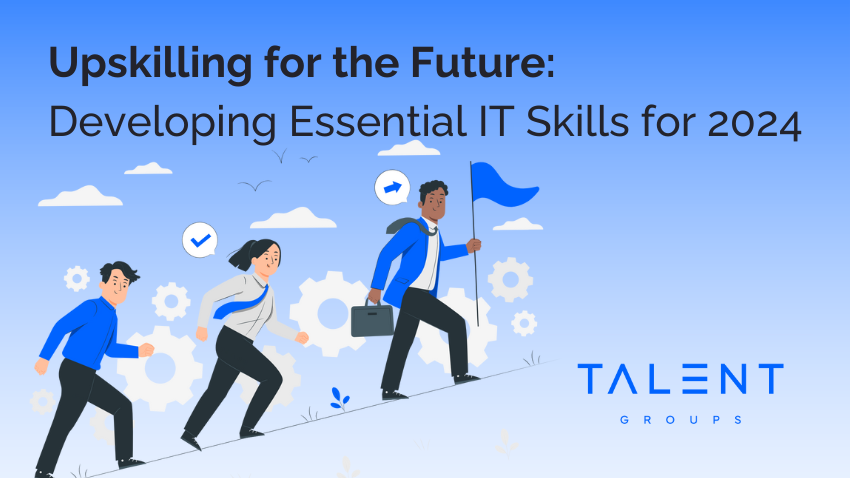 Three professionals climb a hill toward a blue flag, symbolizing career growth. Branding for Talent Groups at the bottom.