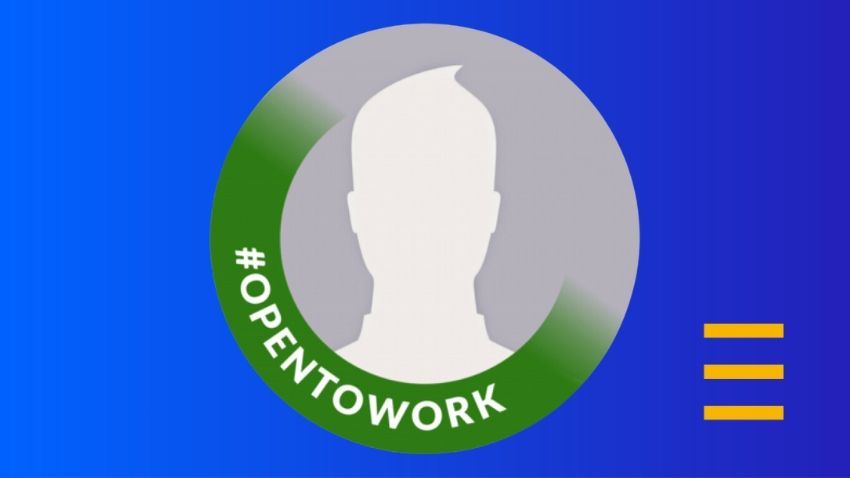 A circular profile icon on a blue background with a green border reading #OPENTOWORK, and a three-line menu icon.