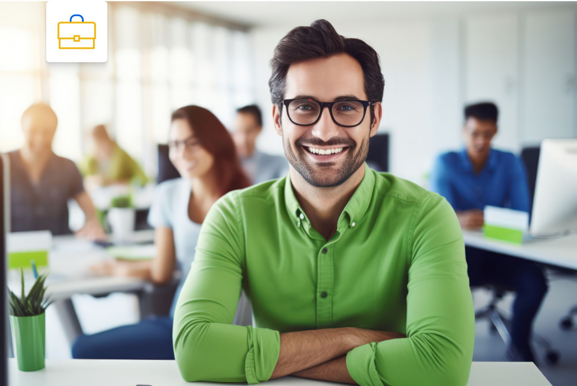 A smiling professional in a green shirt sits at a desk with arms crossed in an office, with colleagues working behind them.