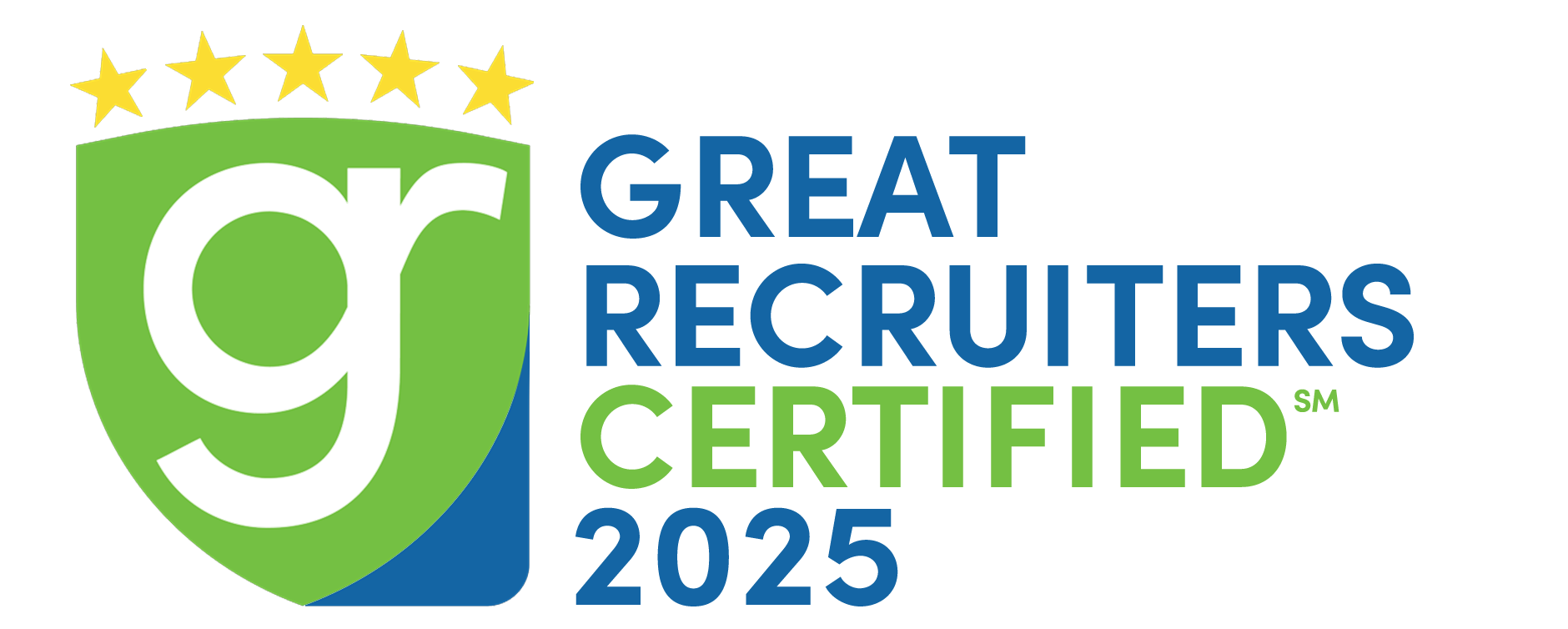 Great Recruiters Certified 2025 logo featuring a green shield with a white 'gr' icon and five stars, next to blue text.