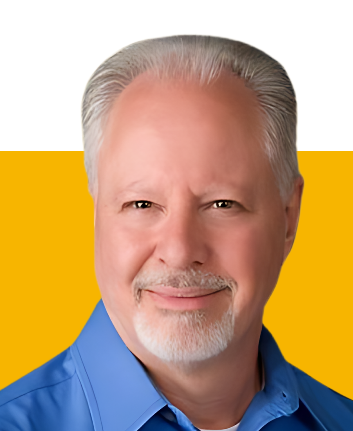 A smiling individual in a dark blazer and white shirt stands before a solid yellow background, hands clasped together.