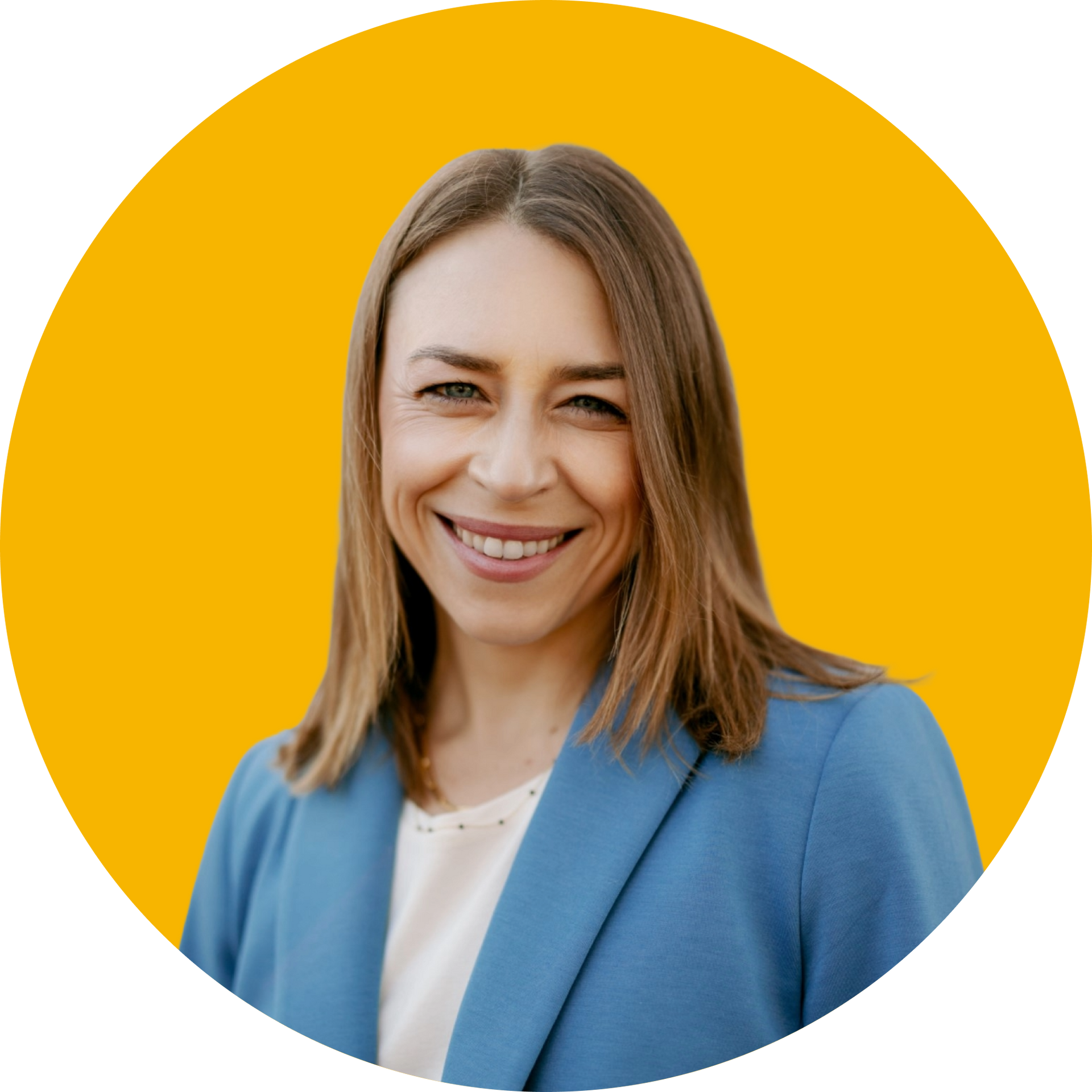 A professional headshot of a smiling person with shoulder-length brown hair, wearing a blue blazer against a yellow circle.
