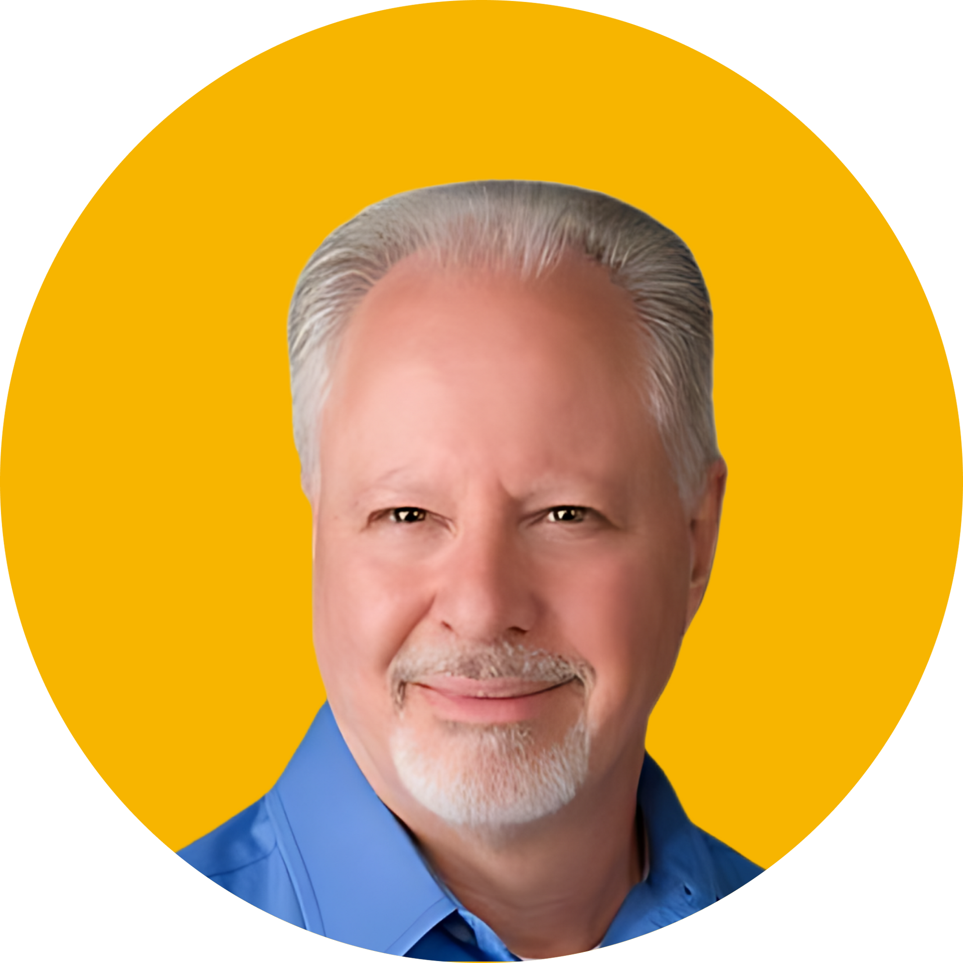 A headshot of a person with a white goatee, wearing a blue collared shirt against a solid yellow circular background.