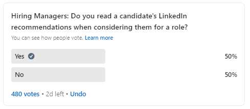 LinkedIn poll asking if hiring managers read recommendations, showing a 50/50 split between 