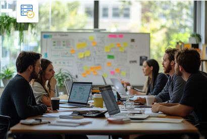 A group of colleagues collaborates at a table in a brightly lit office, looking at laptops with a whiteboard behind them.