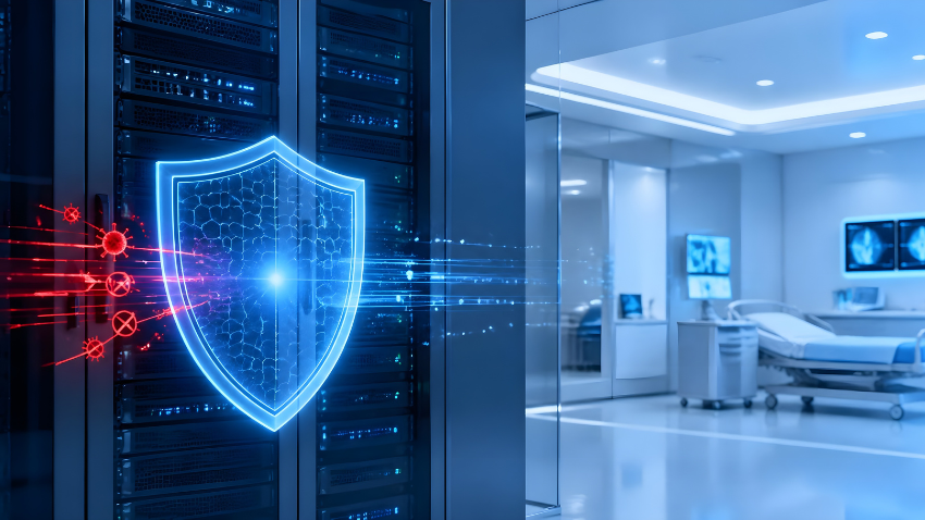 Glowing blue shield in a server room beside a modern hospital room, suggesting cybersecurity and healthcare protection